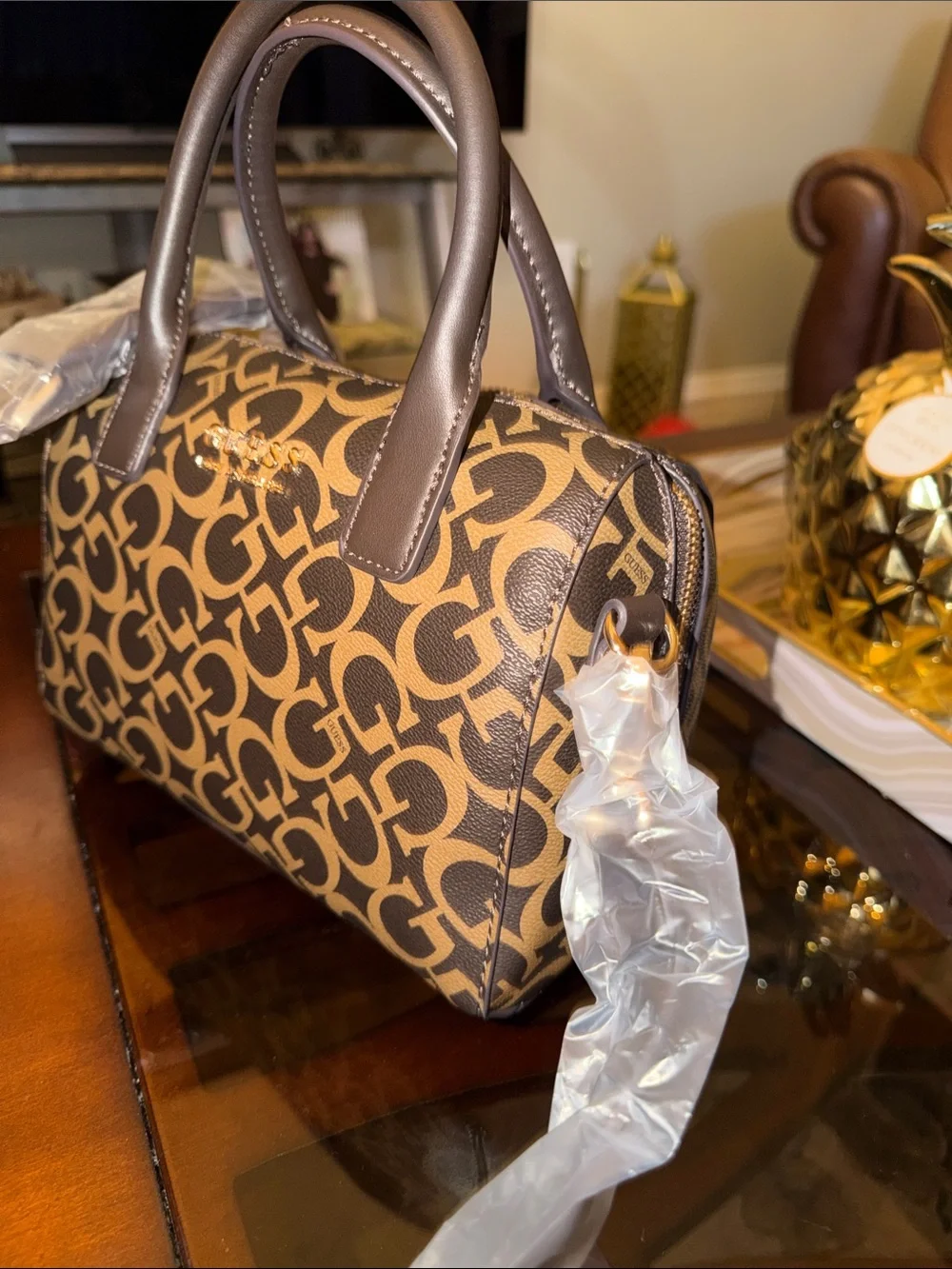 NWT GUESS Brown Logo-Print Satchel with Dark Brown Trim